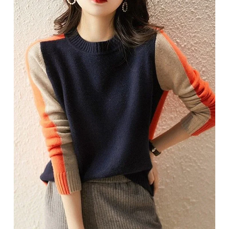 

2024 Early Spring New Vintage Loose Fashion Sweaters Women's O-neck Spliced Casual Wool Knitwear Simple Fashion Knitted Pullover