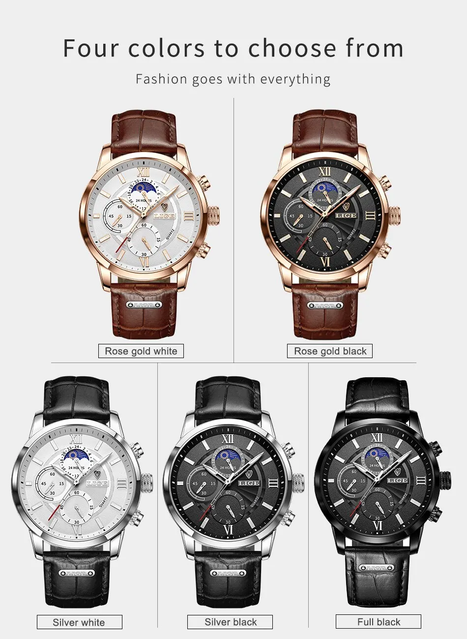 Lige Luxury Brown Leather Casual Quartz Wristwatch for Men | Diversi