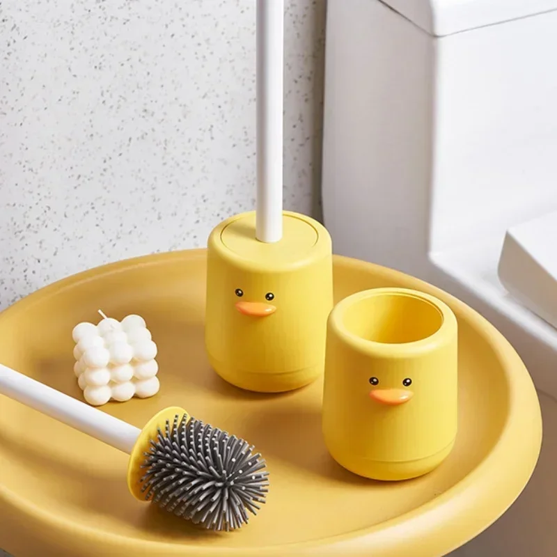 Cartoon Toilet Brush Holder Wall-Mount Silicone Toilet Brush Quick Draining Cleaning Soft Bristles Cleaning Tool