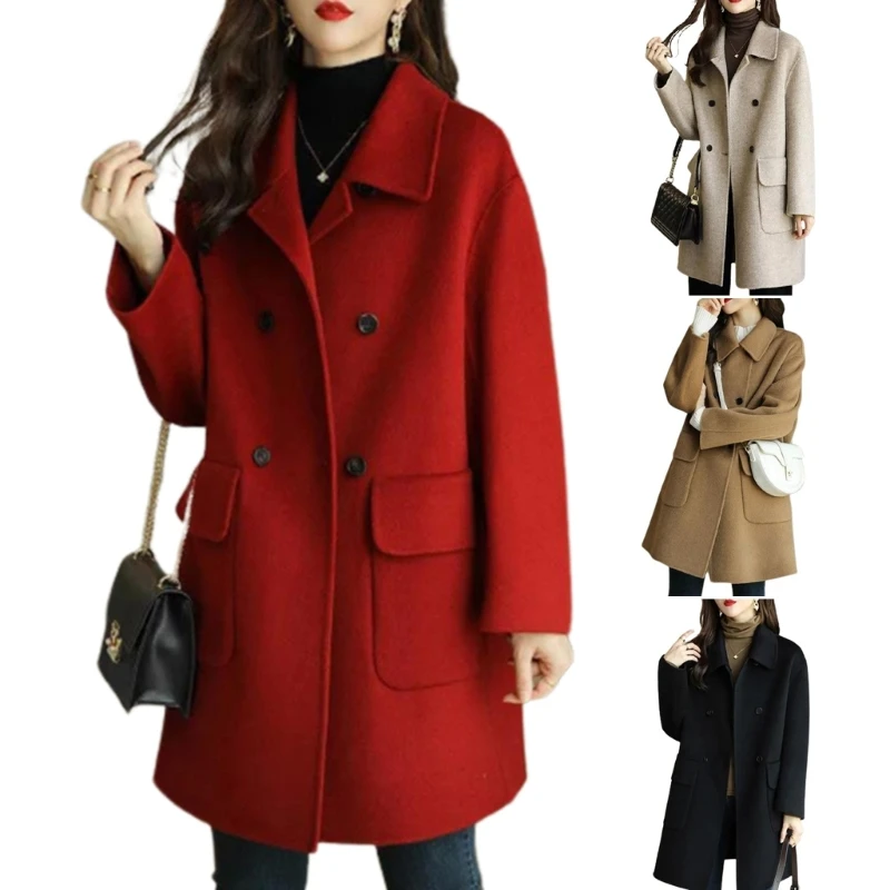 

Y1UE Woolen Womens Spring Autumn Solid Color Long Sleeve Lapel Long Coat