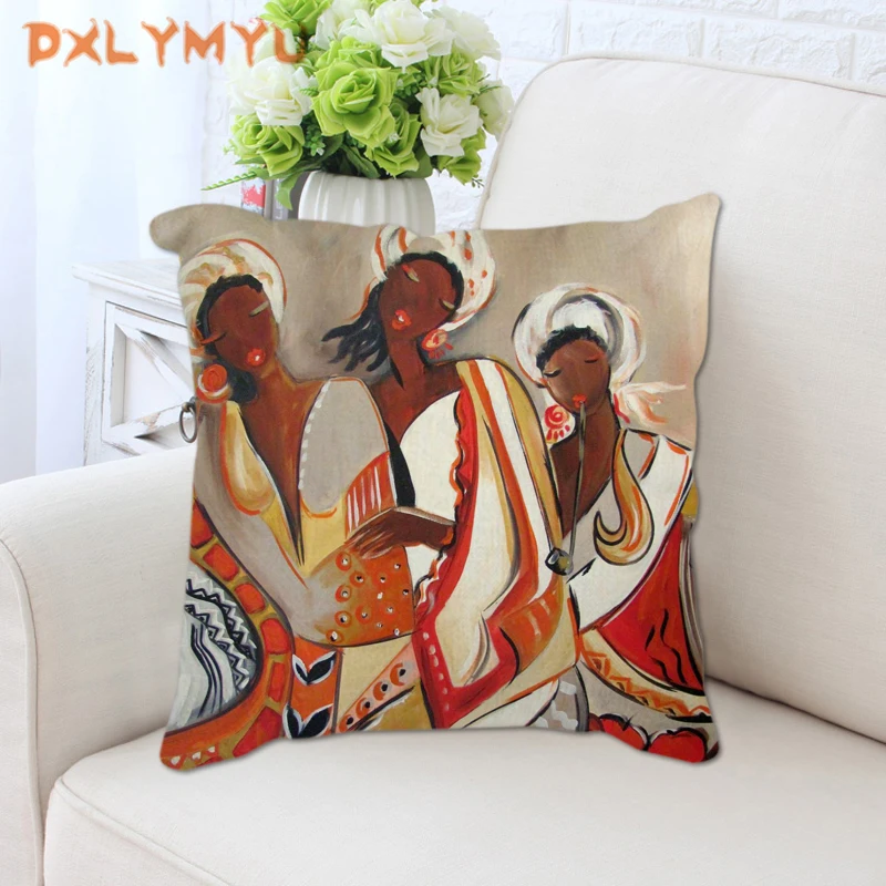 

African Linen Cushion Cover African Lady Figure Painting Home Decorative Throw Pillows Case For Living Room Sofa Car Seat Chair