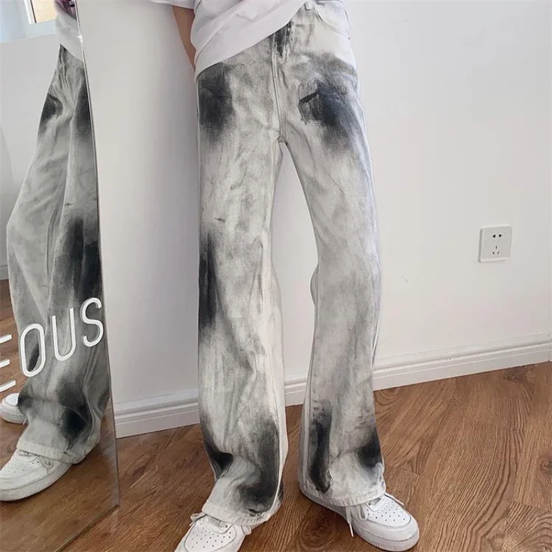 

Straight Leg Women's Jeans High Waist Shot White Pants for Woman Tie Dye with Pockets Trousers Denim Wide Original Unique Medium