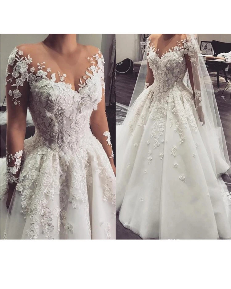 wedding dresses Luxury Illusion Sleeves Arabic Wedding Dresses 2022  3D Flowers Beaded Appliques Bridal Gown Vestidos Noiva Robe De Mariée wedding dresses