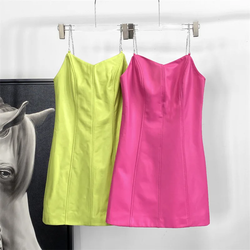 

Lambskin Dress For Women 2022 Female 100% Leather Barbie Pink Slim Chain Sling Dress Sexy Club Bodycon Mini Vestidos De Mujer