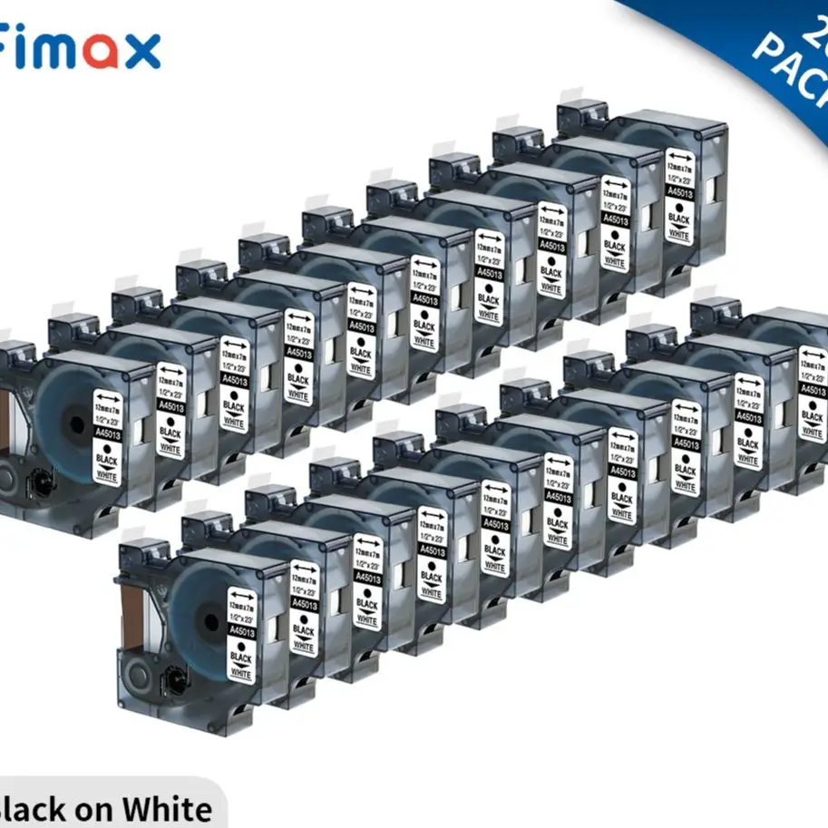 

Fimax 20PK 12mm*5.5m Ribbon Dymo Rhino Label Tapes Black on White 45013 45010 Compatible for Dymo D1 Label Printer LM160 LM280