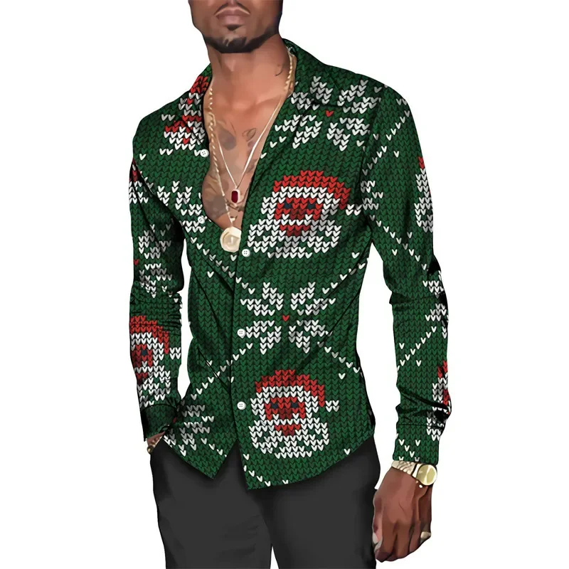 Funny Christmas Theme 3D Print Men's Butttton Shirts Casual Long Sleeve Streetwear Tops Unisex Holiday Party Chic Hawaiian Shirt