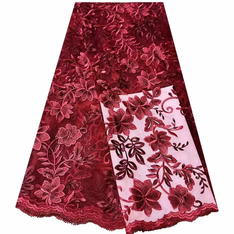 

2023 Red African Tulle Lace Fabric 5 Yards French Embroidery Mesh Lace with Sequins for Nigerian Birdal Wedding Dresses