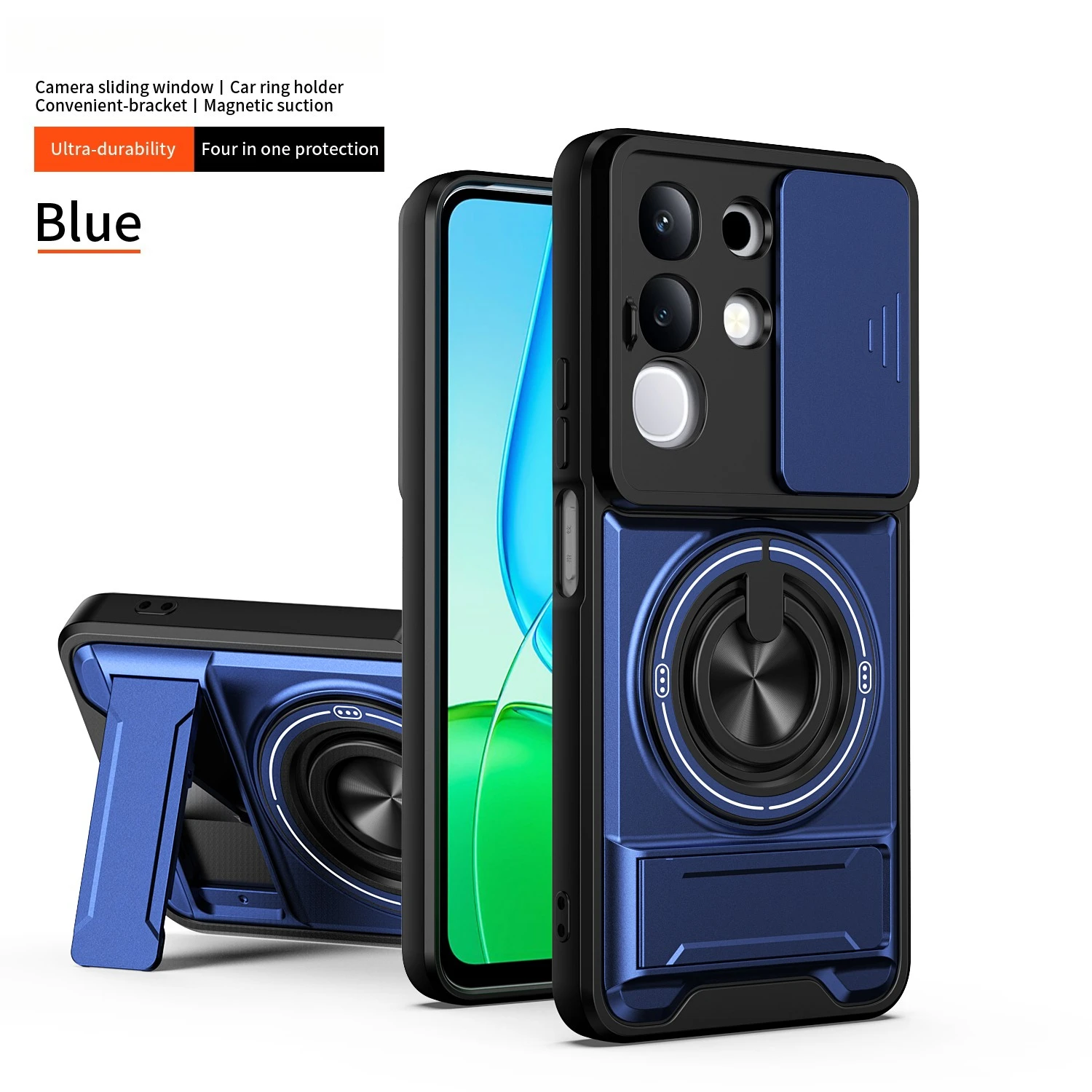 Camera Sliding Cover Phone Case with Double Bracket and Magnetic Ring Protection