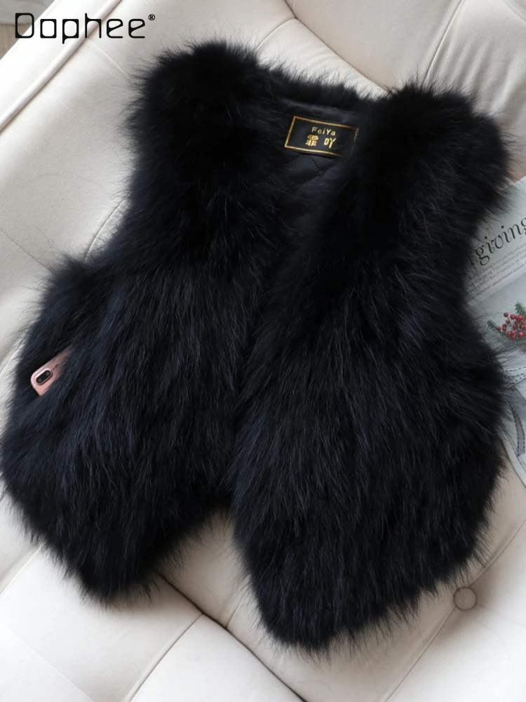 Women's Raccoon Woolen Black Short Furry Vest 2023 Autumn and Winter New Elegant V-neck Sleeveless Faux Fox Fur Vests for Women natural real raccoon fur collar winter warm women s coat hat strips fur scarf girls fashion neck warmer fur scarves warps