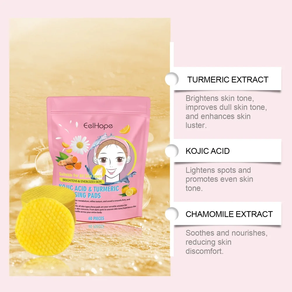 Turmeric Face Cleanser 40pcs Turmeric Kojic Acid Facial Exfoliating Cleansing Pads Reduce Dark Spots Skin Brightening Face Wash 6