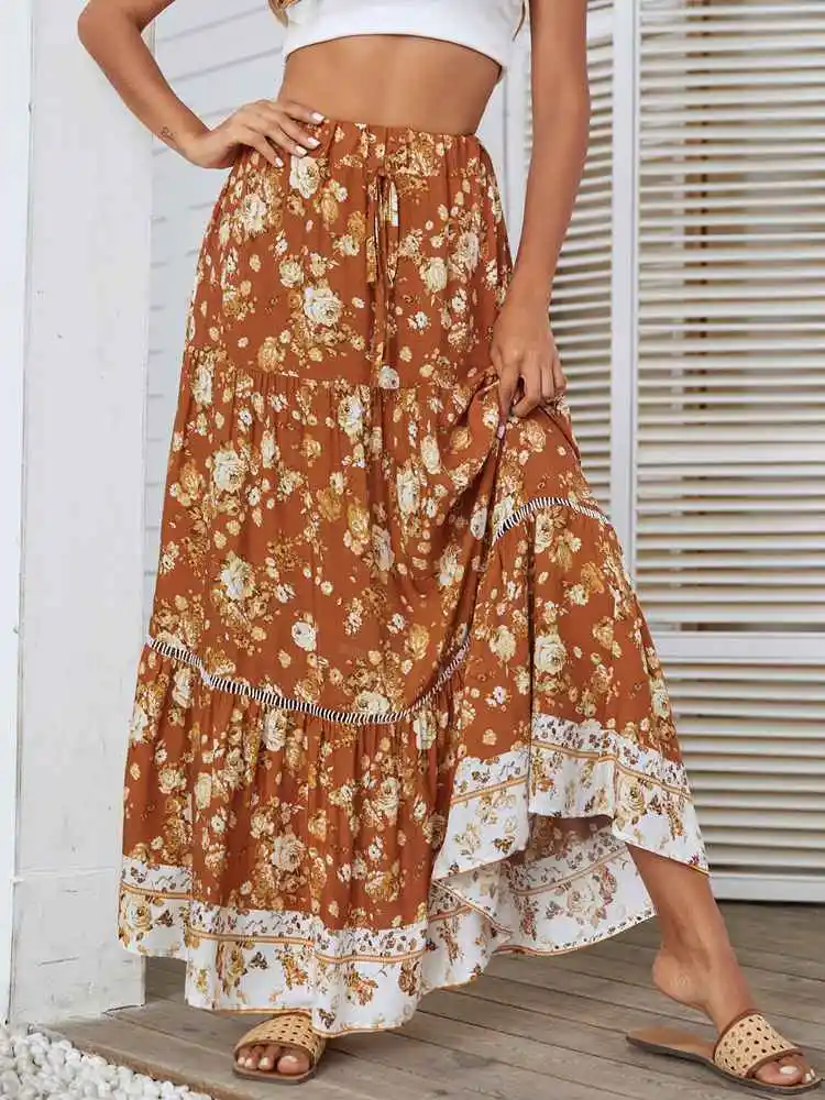 

Bohemian Skirt Women Summer Floral Print A-Line Skirts for Women Patchwork Design Bandage Mid Waist Slim Skirts