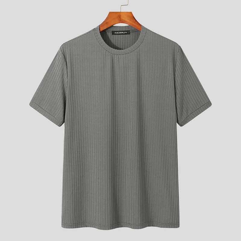 thumbnail image 1 of INCERUN Tops 2024 estilo coreano nuevo diseño de cuello redondo para hombres nicho camiseta casual masculina rayas sólidas camisetas de manga corta S-5XL, 1 of 5