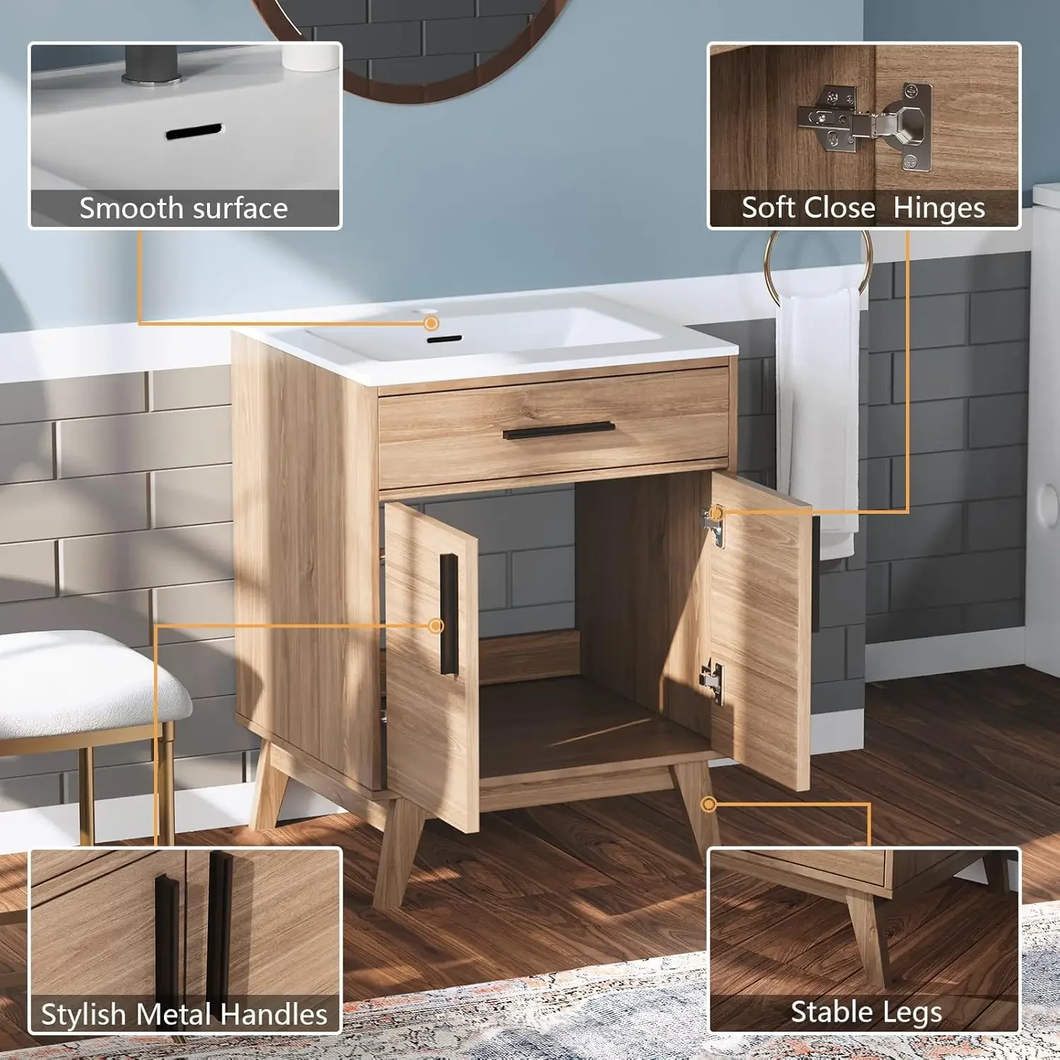 24.5" Bathroom Vanity with Sink Combo, Mid-Century Modern Small Single Bathroom Cabinet Set, Integrated Sink, Soft Closing Doors 6