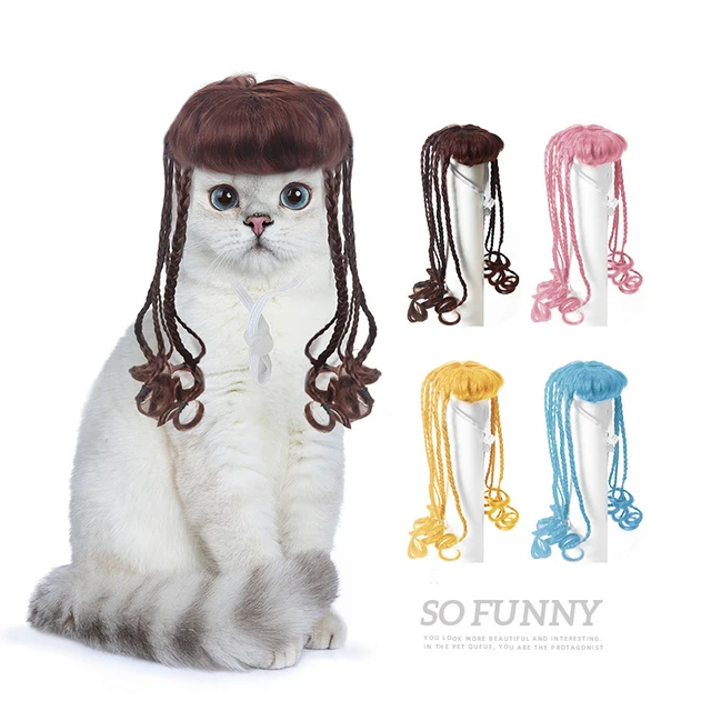 Pet cat bangs straight hair wig braids Pet dog big wave wig headdress holiday cosplay costume accessories 3