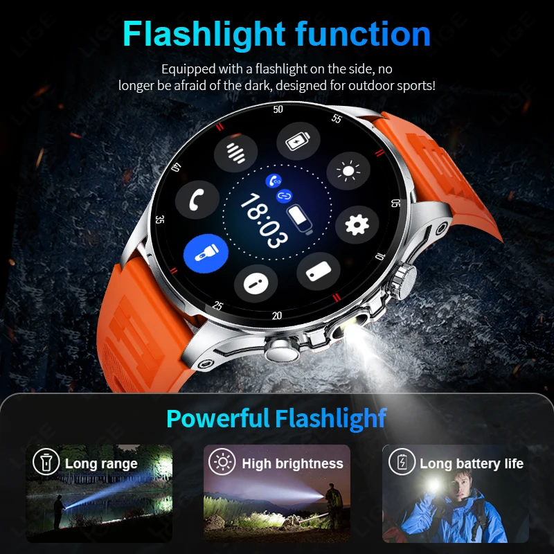 LIGE New Men's Voice Calling Smart Watch Outdoor LED Flashlight 100+ Sport Fitness IP68 Smart Watch Health Monitoring Wristwatch