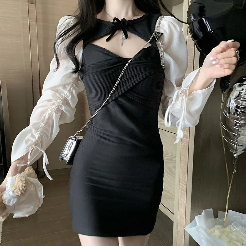 

Deeptown Y2k Fairycore Black Tunic Dress Women Korean Fashion Coquette Cut Out Long Sleeve Lace Up Bodycone Mini Wrap Dresses