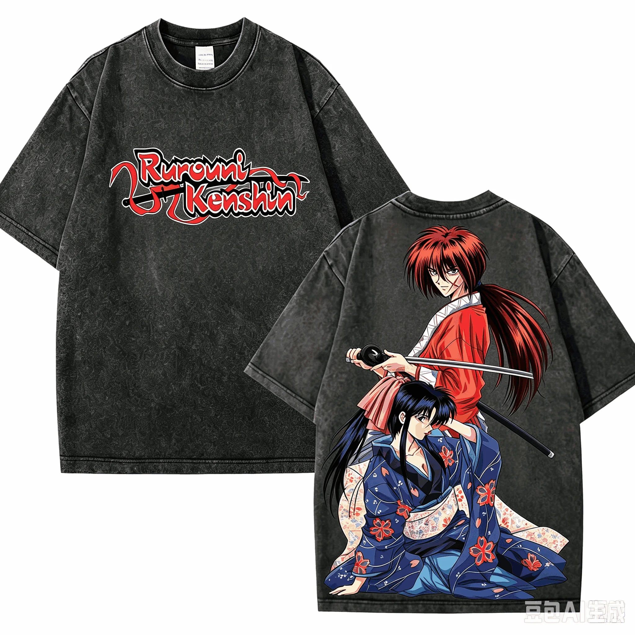 Rurouni Kenshin Gewaschenes T-Shirt, Oversized, Unisex, Vintage, Locker, Streetwear, Trendy, Baumwolle, Harajuku, Bequem, Beliebtes Produkt, für Paare