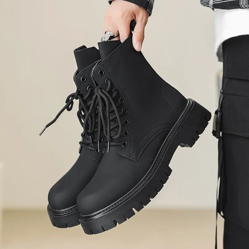 

Autumn Men Japan Karajuku Korean Style Fashion High Top Streetwear Thick Platform Boots Casual Leather Shoes Male Lace Up Shoes