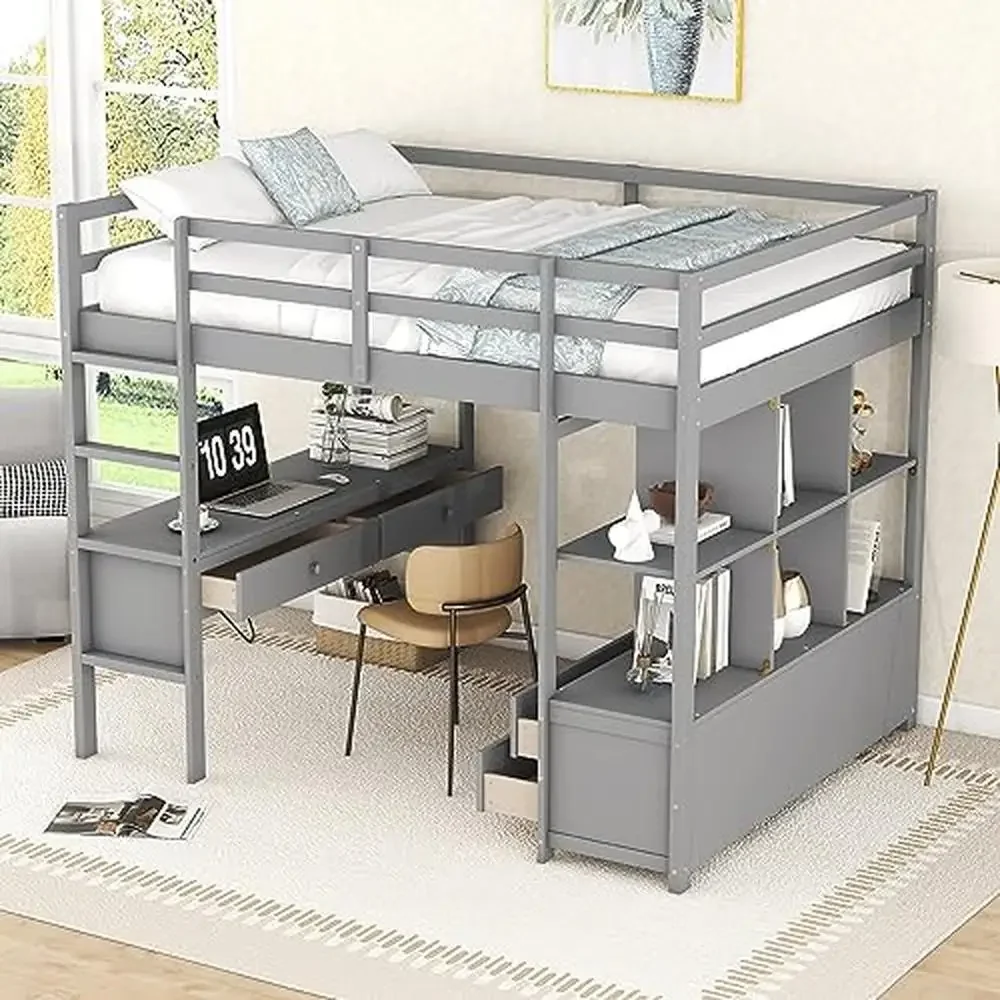 Full Size Loft Bed with Desk Storage Drawers Shelves Multifunctional High Loft Beds Kids Crafted Pine Wood Ladder Classic Design