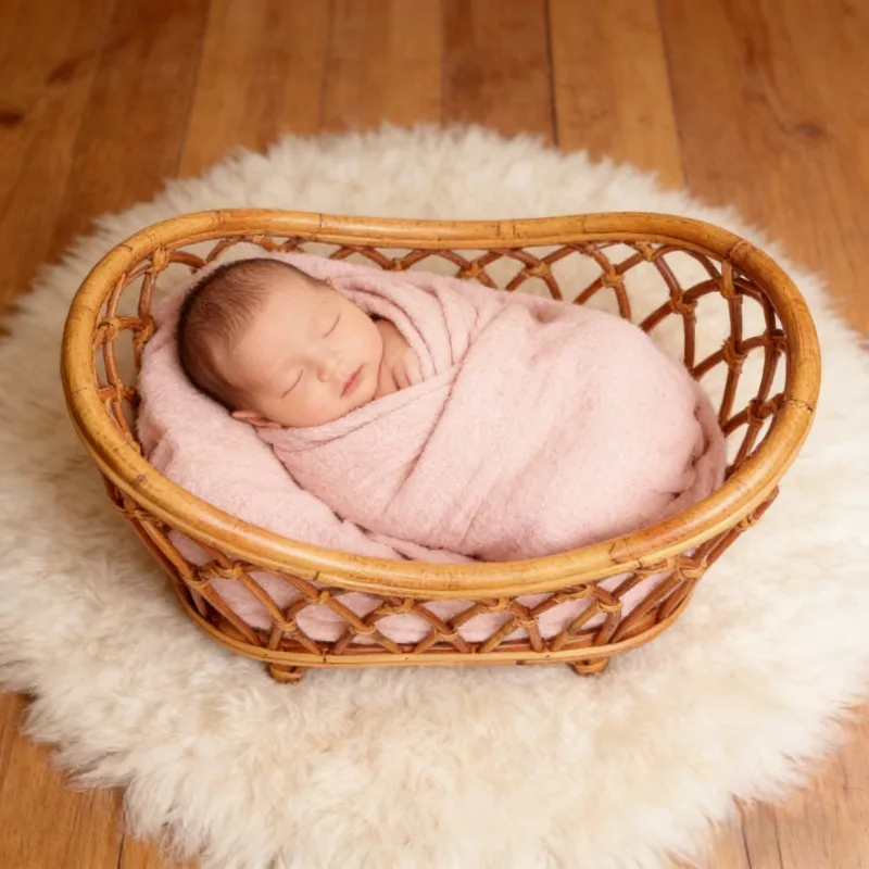 1pc Vintage Rattan Woven Baby Basket & Bed Crib Newborn Photography Props Practical Furniture for Baby Photo Shoot Sessions