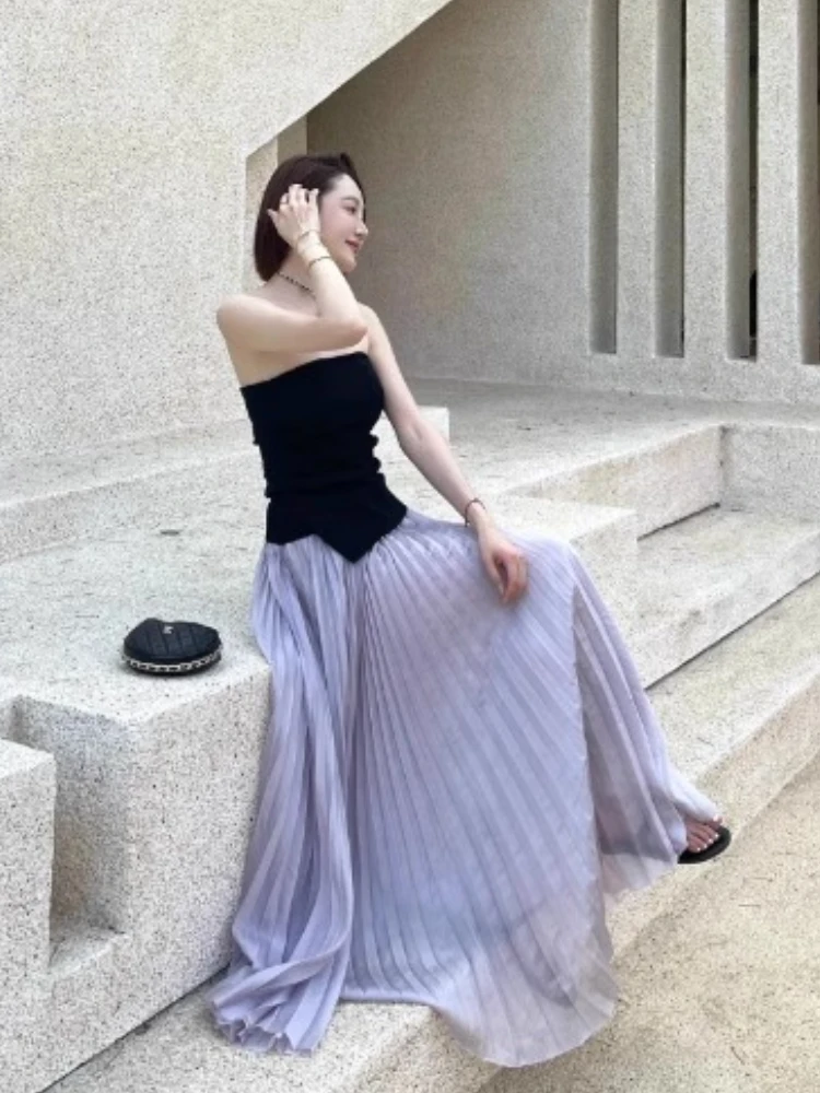 Summer Elegant Sweet Piece Set Women Purple Chiffon Long