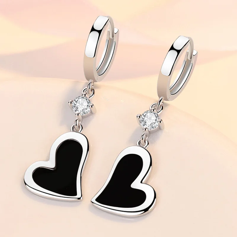 

2022 New Vintage Temperament Black Love Heart Zircon Eardrop 925 Sterling Silver Jewelry Earrings For Women Valentine's Day Gift