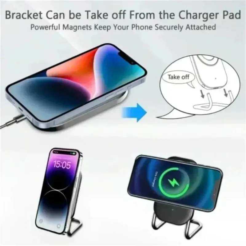 15W 안정적인 미끄럼 방지 마그네틱 무선 충전기 스탠드 (Magsafe 아이폰 17-12 Pro Max, 에어팟, 안드로이드, 데스크탑, 가정 및 사무실용)