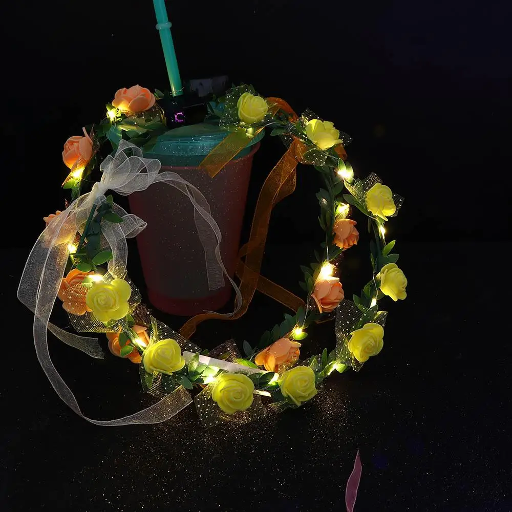 Fashion For Girls Wedding Rose Flower Party Foam Wreath Decoration Crown Flower Headband Women Headwear LED Light Garland - 2