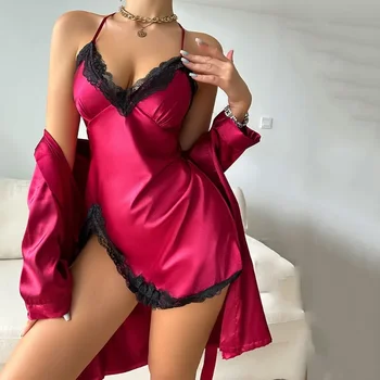 Fashion Sexy Lace Up Nightgown Sleeping Skirt Two-piece Set Casual Women's Four Seasons Home Clothing Thin Suspender Nightdress 2