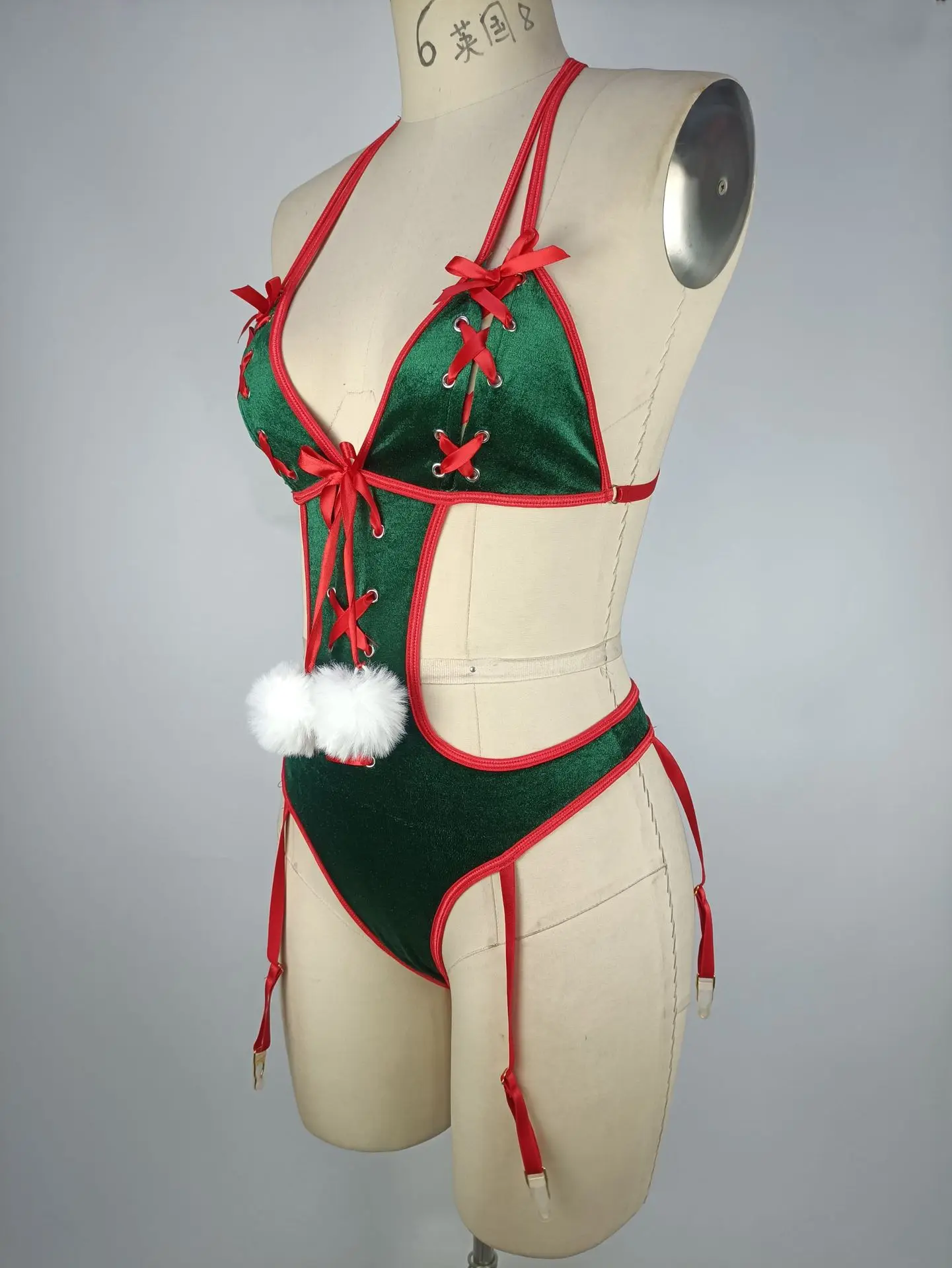 BKLD Sexy Christmas One Pieces Lingeries Bodysuit Nightclub Outfits Clothes Women Fashion Patchwork Lace-Up Velvet Bodysuit