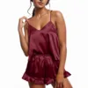 2 Piece Pajamas Set For Women Sexy Silk Satin Ruffled Nightwear Sleeveless Camisole And Shorts Sets Sleepwear Pijama Mujer 4