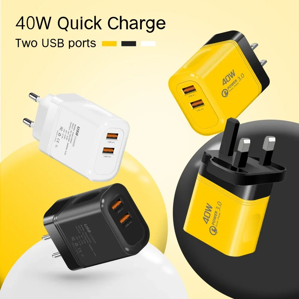 40W Fast Charging Dual Port USB Charger 2A Wall Charger Adapter EU US Plug Travel Phone Charger for iPhone Samsung Xiaomi Redmi