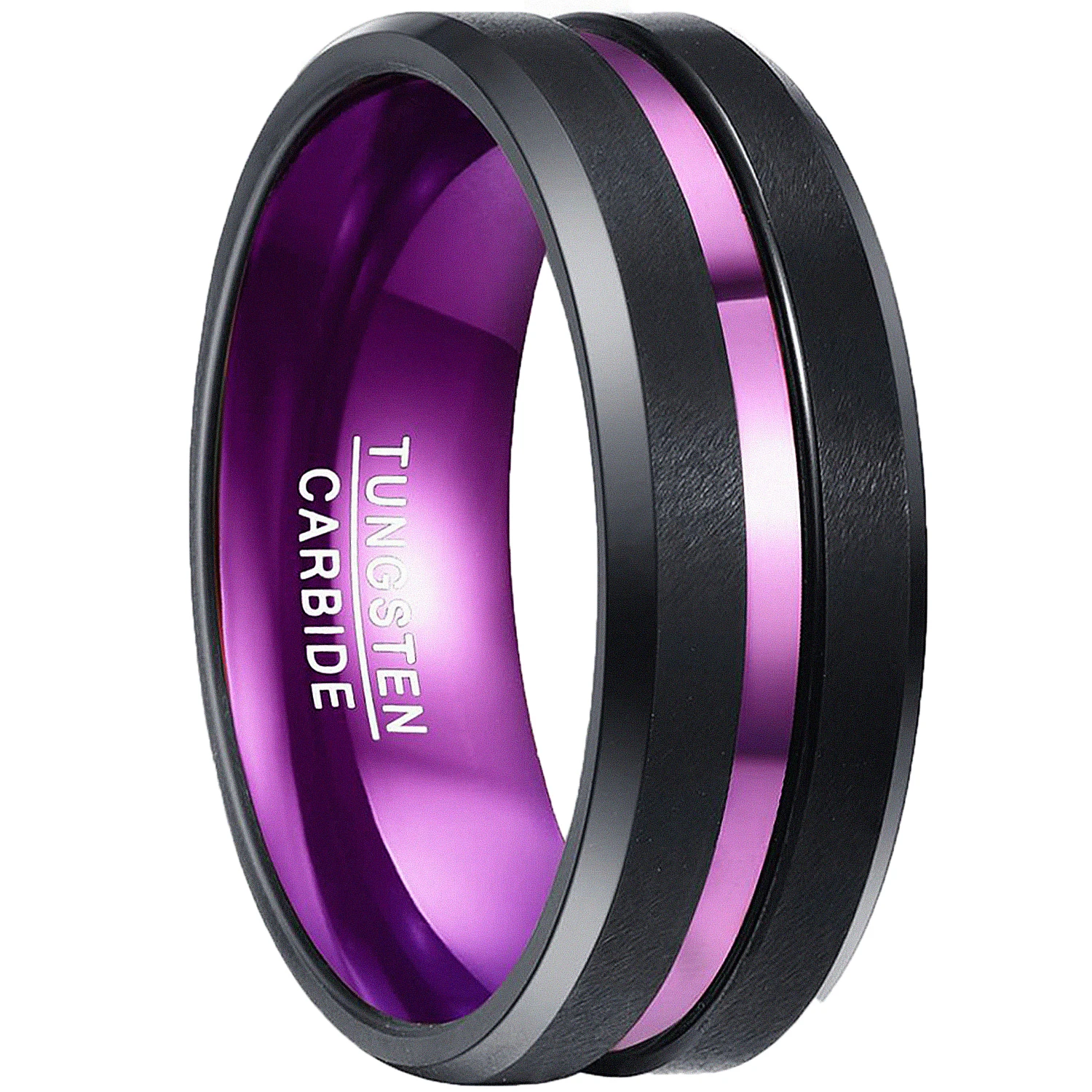 NUNCAD Men's 8mm Tungsten Carbide Ring Blue Purple Ring Beveled Edge Wedding Band Size 4-17 Comfort Fit T004R tungsten ring,finger ring,wedding rings,wedding ring