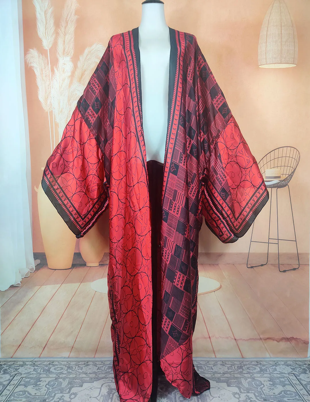 Middle East Summer Fashion Boho Silk Printed Open Front Long Sleeve Duster Coat African Lady Swimwear Kaftan Dress For Women middle east sunmer women cardigan stitch американская одежда cocktail sexcy boho maxi african holiday batwing sleeve silk robe