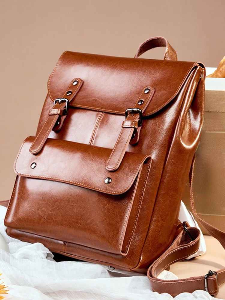 

Popular Leather Frensh Student Backpack Large Capacity Portable Commuter Travel Bags Simple Leather Multi-function Leisure Bag