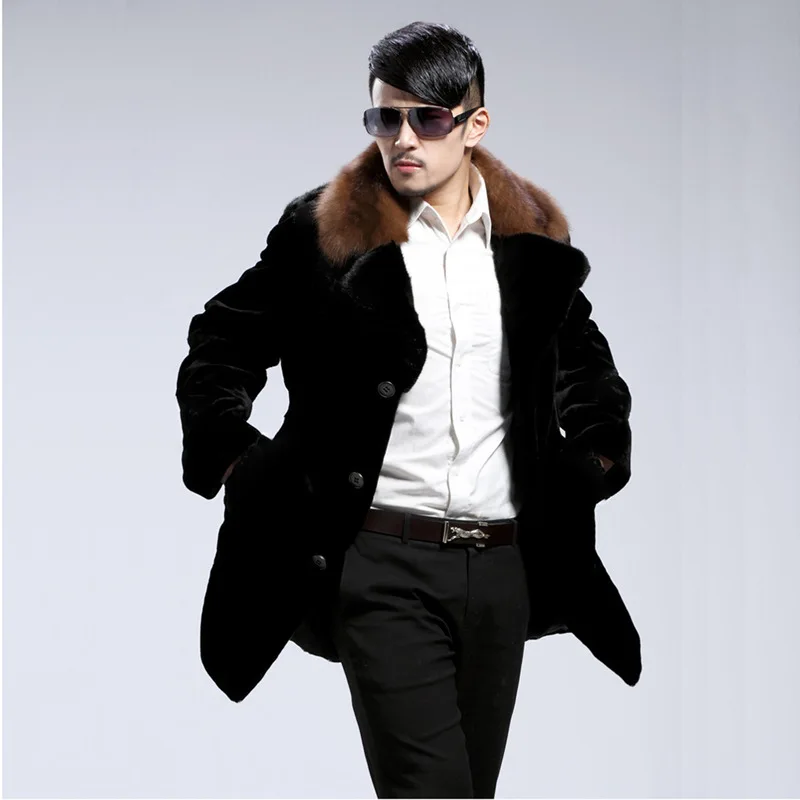 Winter Faux Fur Coat Men Thick Warm Trench Coat Long Sleeve Single-breasted Suit Collar Fur Coat Plus Size Slim Jackets