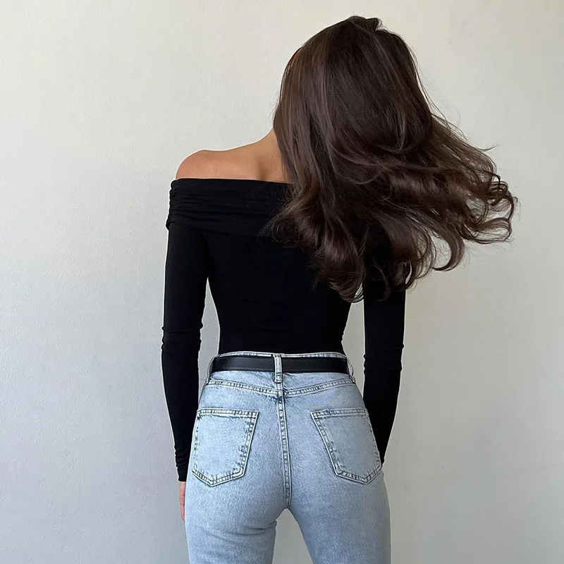 V-Neck Summer Patchwork T-shirt Cropped Top For Women Fashion Mesh Long Sleeve Sexy Off-Shoulder Female Y2k Top Tee 2025