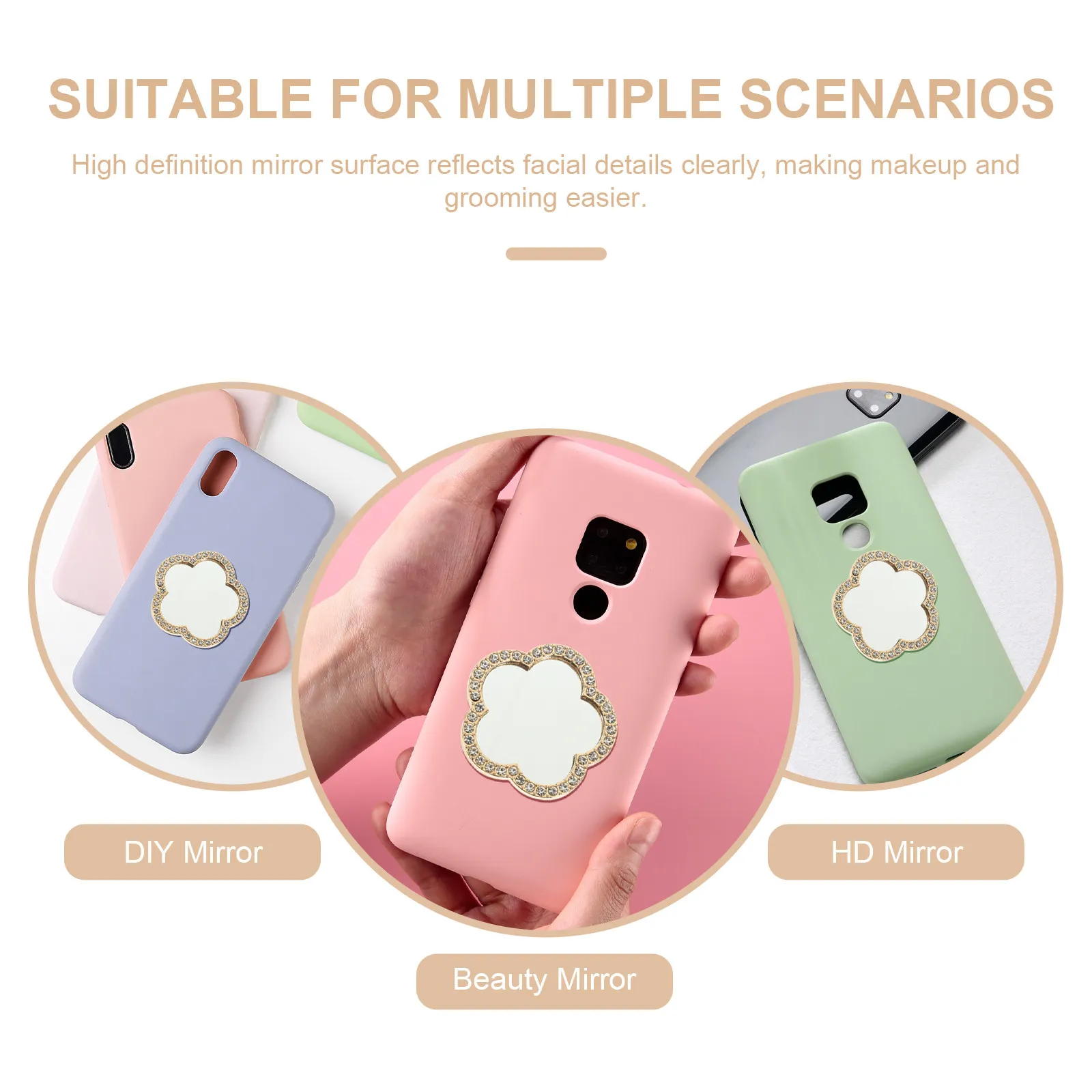 6Pcs 휴대폰용 미니 거울 세련된 꽃 모양 라인스톤 장식 셀카 및 그루밍용 고화질 후면 카메라 거울