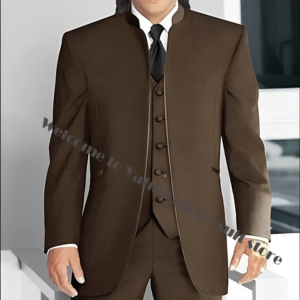 Middle East Stand Collar Men Suits Groom Wedding Tuxedos Black Men's Suit with 3 Piece Trim Fit Formal Wear Prom Men Blazer