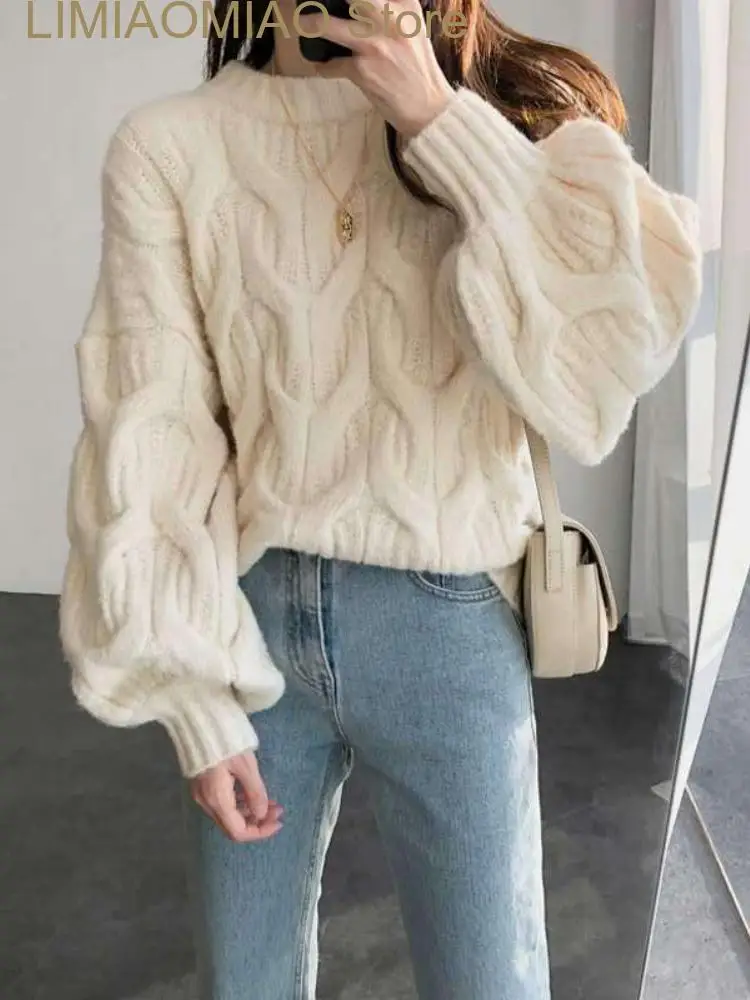 

New Korean Fashion Fall Sweater Woman Winter Solid Color Lantern Sleeve Round Neck Thick Sweaters Pullover Women Clothing Tops