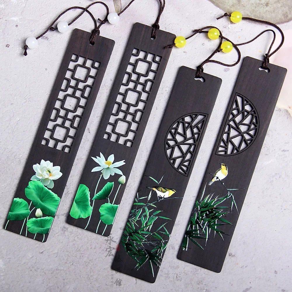 

1PC Chinese Retro Style Lotus Bamboo Hollowed Wooden Bookmarks with Bead Bead Art Index Book Accessories Student Teacher Gift