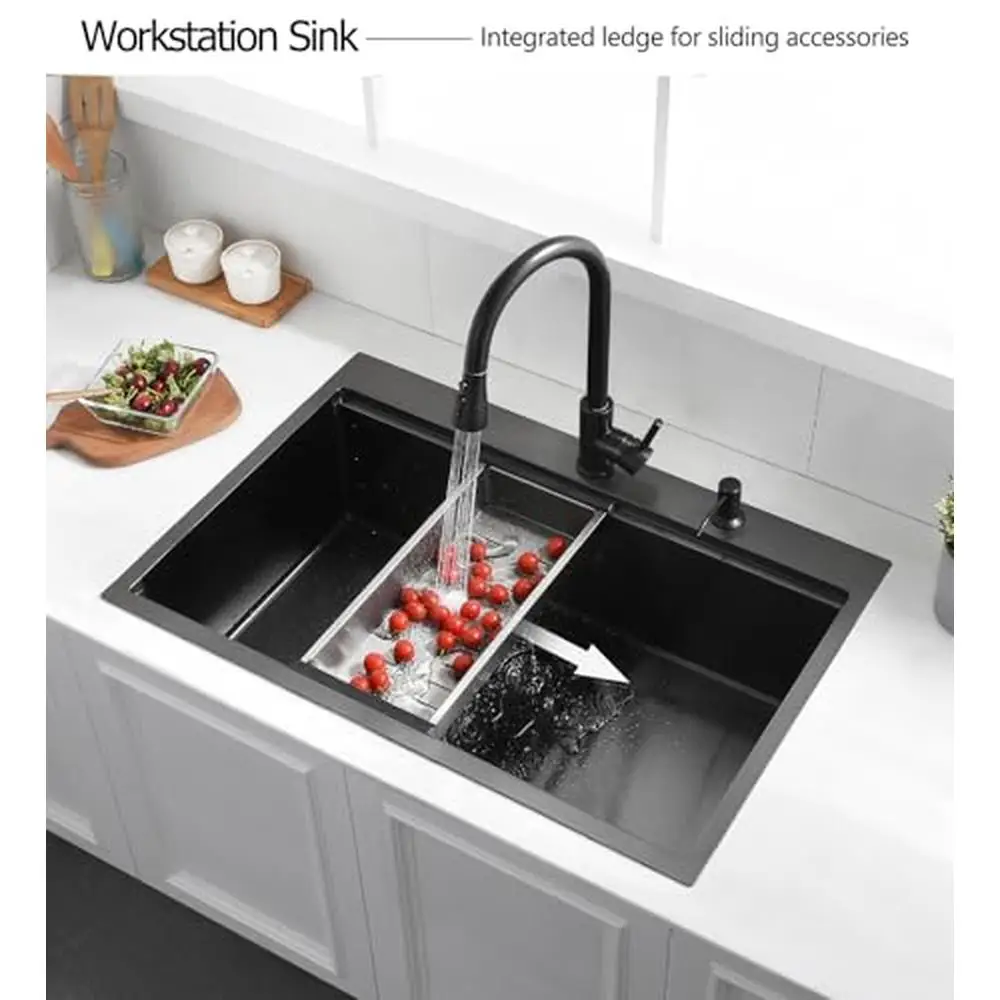 33" Black Stainless Steel Drop In Kitchen Sink with Workstation Quiet Operation Easy Clean Complete Set 3