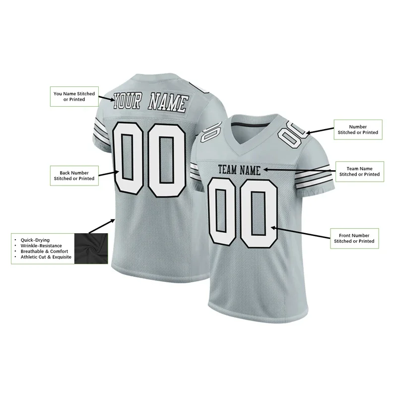 Gray Series Customized Football for Men Jersey Personlized Sew Team Football Short Sleeves Athletic Tee Shirts Unisex Top