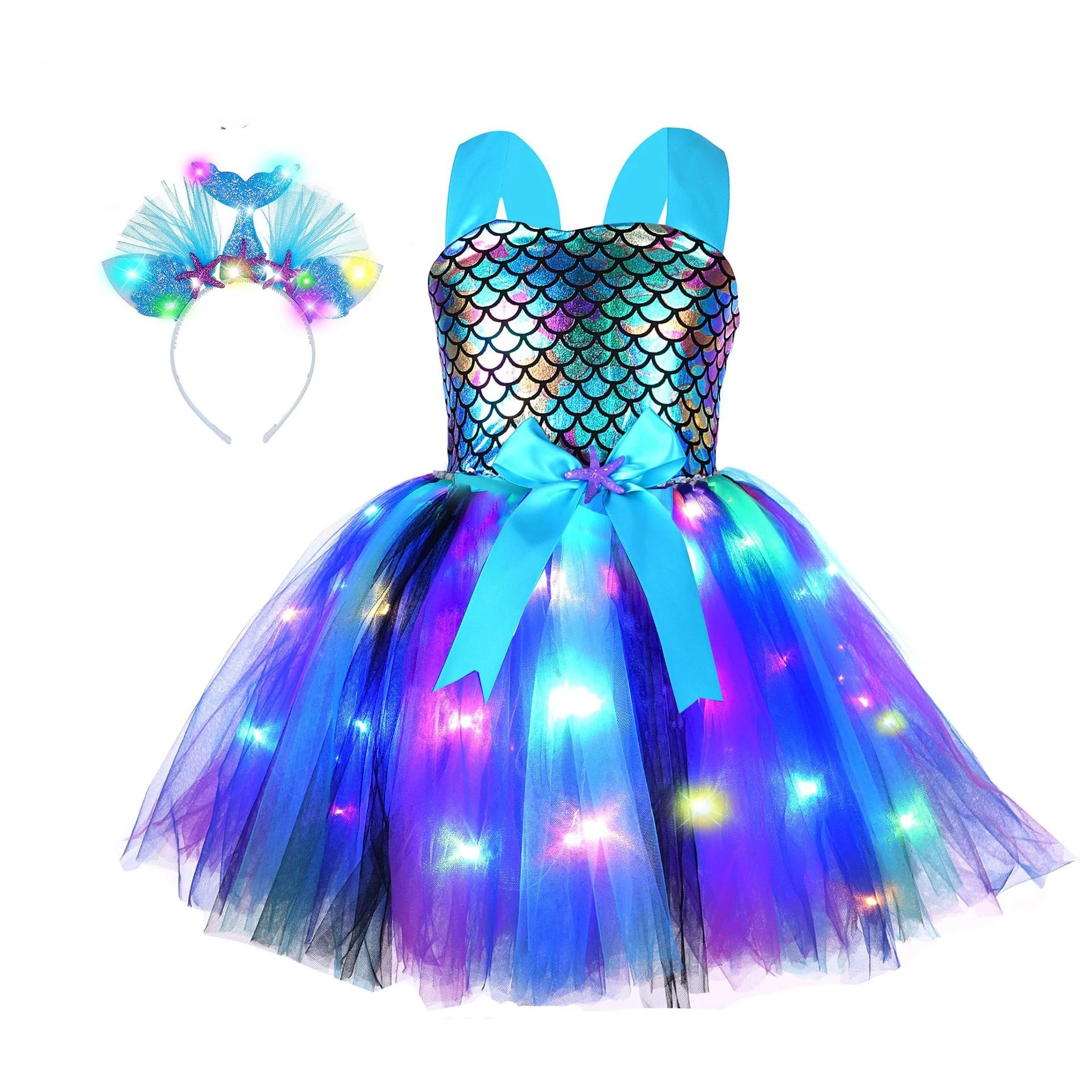 Mädchen Meerjungfrau TUTU LED Kleid Kinder Geburtstag Party Kleider Kleine Meerjungfrau Prinzessin Kostüme für Halloween Neujahr Dress Up Outfit – Detail 15