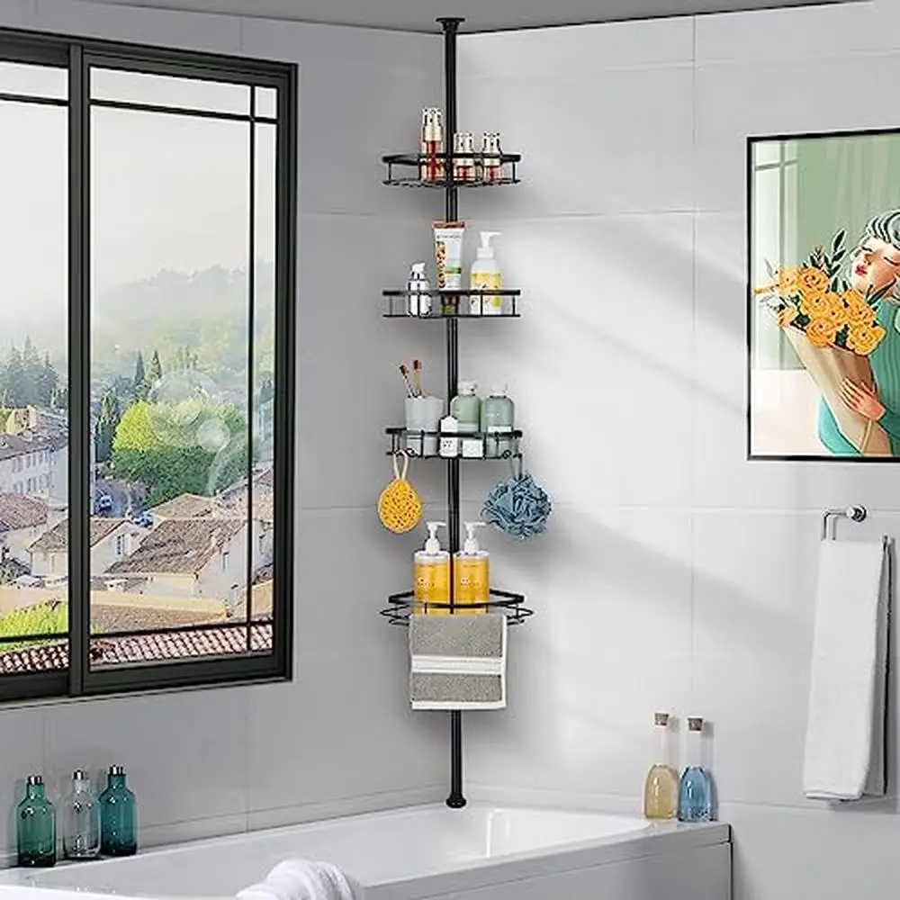 Stainless Steel Corner Shower Caddy Tension Pole Organizer Bathroom Shelf Stand Bathtub Storage Rack Non-Slip Design Rustproof 6
