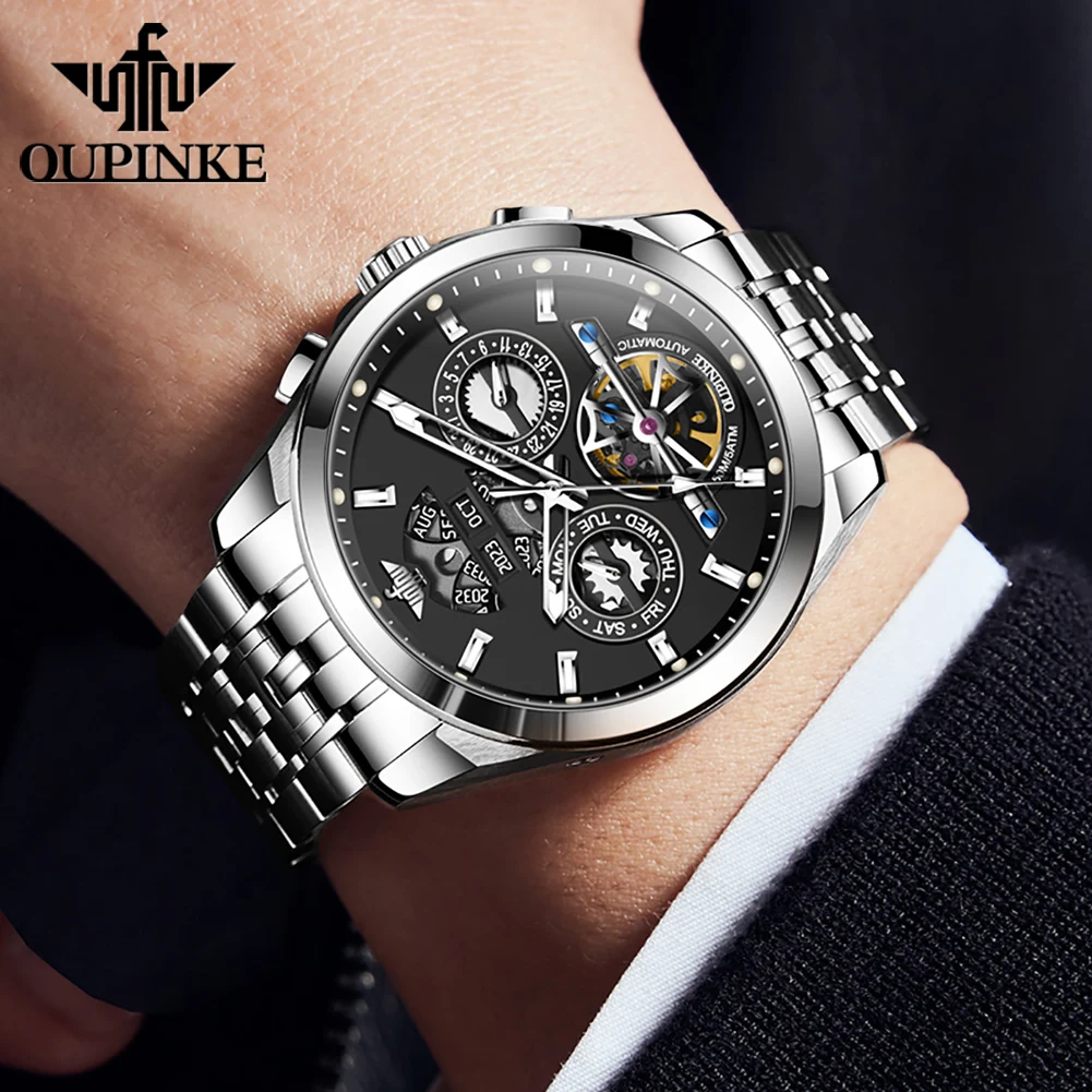 OUPINKE Automatic Watch Skeleton Stainless steel Wristwatch Calendar Week Multifunctional Waterproof Sapphire Mirror Men's Watch