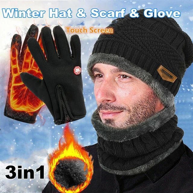 Bonnet Hiver Homme et Gants Tactile Cache Cou, Ensemble Tricotés