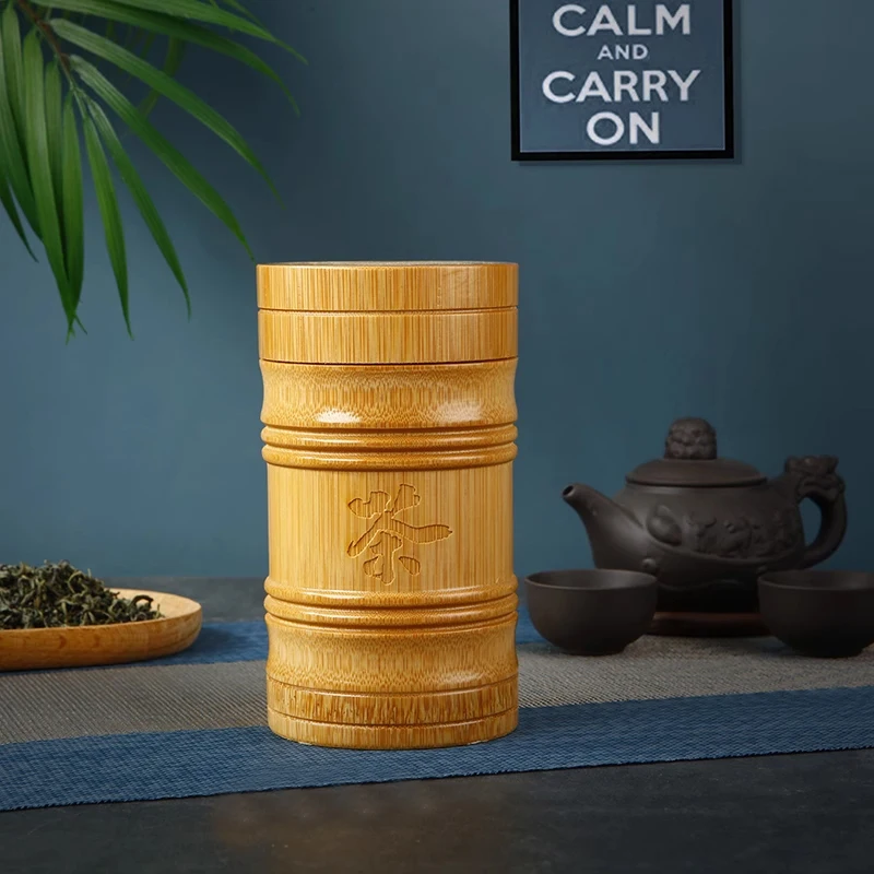Handmade Bamboo Tea Storage Box Chinese Carved Tea Canister Lid Seal Kitchen Storage Jars Food Nuts Spice Box Case Organizer