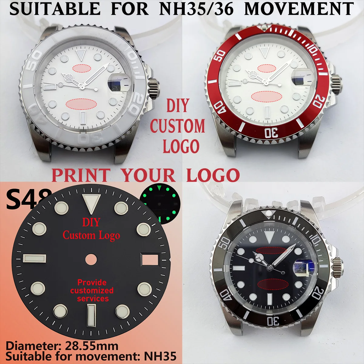 

DIY dial logo Custom dial Logo Watch Dial 40mm NH35 case sapphire glass waterproSuitable for nh35 nh36 movement.