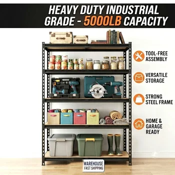 27.6"W x 60"H 5-Tier Garage Shelving Unit, 2200 LBS Heavy Duty Storage Shelves, Metal Rack with MDF Board, Screw Assembly Adjustable Utility Organizer for Basement Pantry Kitchen Laundry Closet, 440 LBS Load Per Shelf, 1 or 2 Pack 1